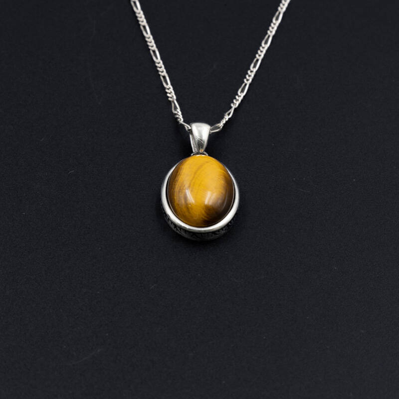 Kaplan Gözü Doğal Taş 925 Ayar Gümüş Kolye M1 - 3