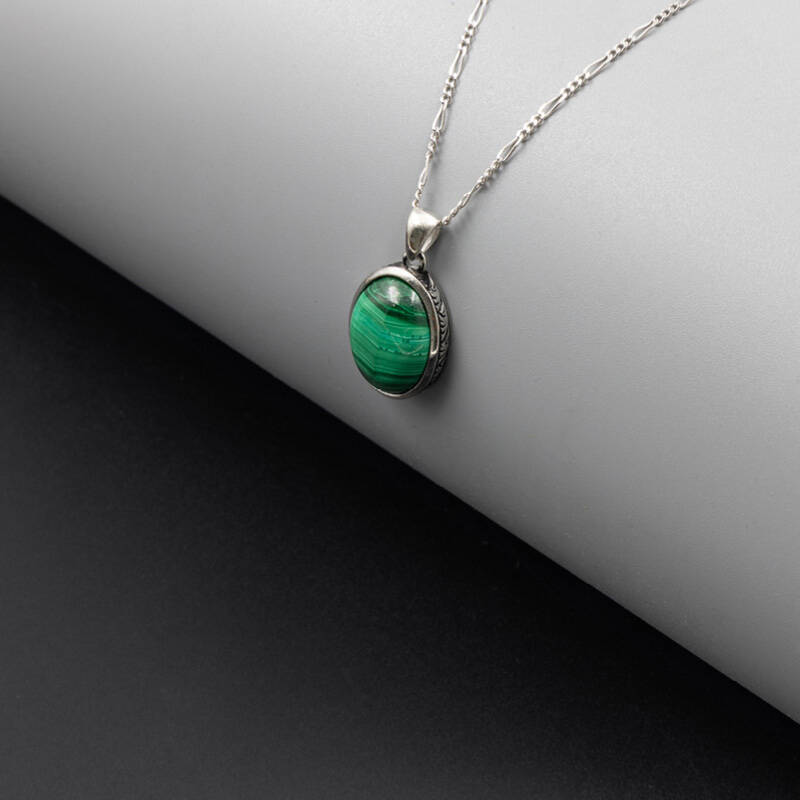 Malakit Doğal Taş 925 Ayar Gümüş Kolye M1 - 4