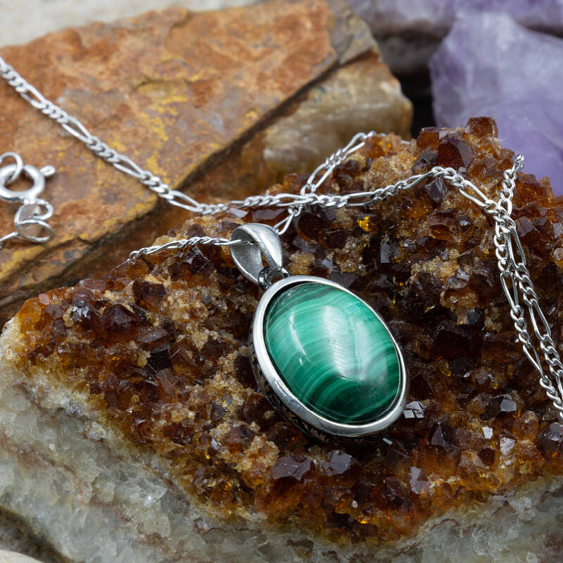 Malakit Doğal Taş 925 Ayar Gümüş Kolye M1 - 1