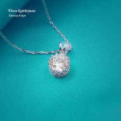 Tektaş Oval 925 Ayar Gümüş Zirkon Taşlı - Duru Kolye M9 - Logosuz Ürünler