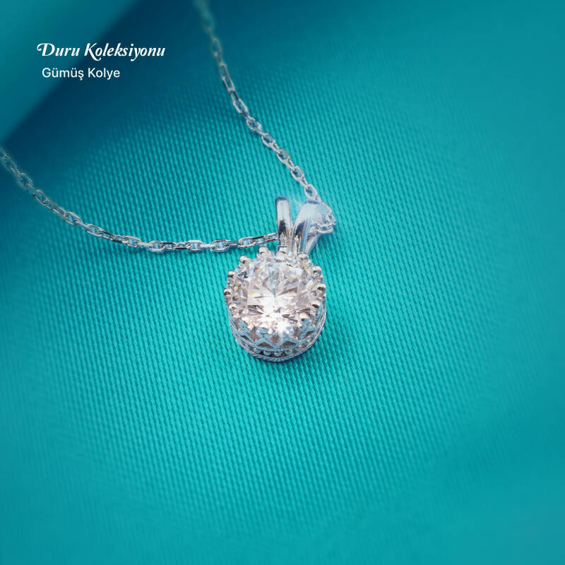 Tektaş Oval 925 Ayar Gümüş Zirkon Taşlı - Duru Kolye M9 - 1