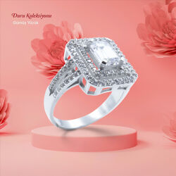 Kare Model Baget 925 Ayar Gümüş Zirkon Taşlı Tek Taş Yüzük - Duru Yüzük M4 - Logosuz Ürünler