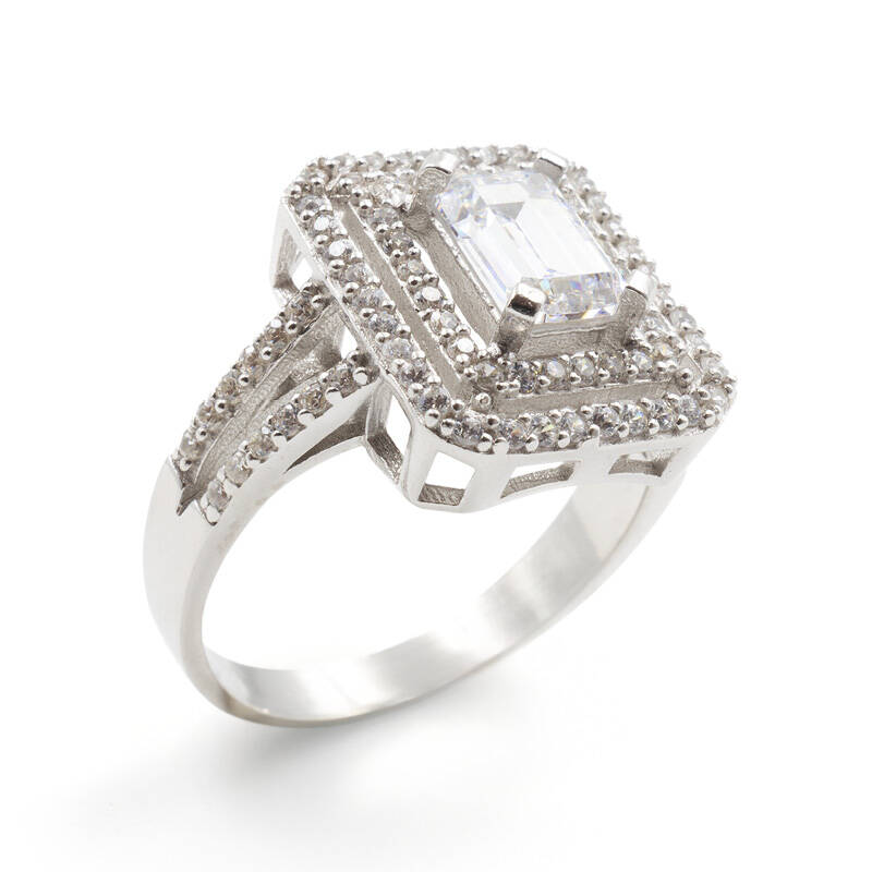 Kare Model Baget 925 Ayar Gümüş Zirkon Taşlı Tek Taş Yüzük - Duru Yüzük M4 - 2