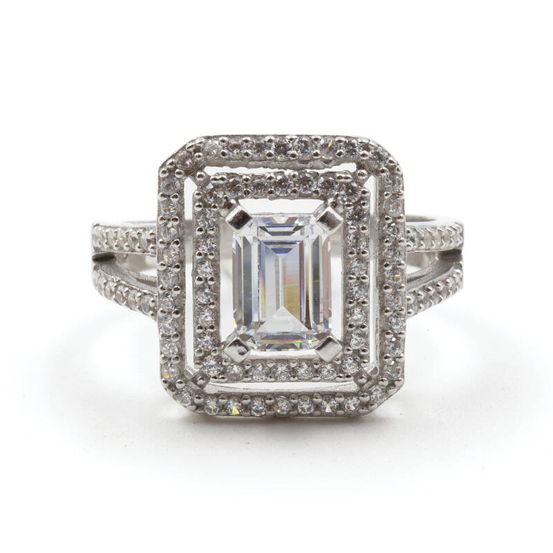 Kare Model Baget 925 Ayar Gümüş Zirkon Taşlı Tek Taş Yüzük - Duru Yüzük M4 - 4