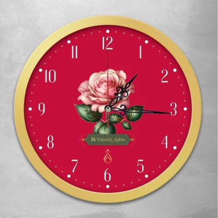 Duvar Saati 30 cm Cam, Akar Saniyeli, Sessiz Mekanizma - Serhendi Logolu - İlk Günkü Aşkla - Pembe Gül Altın Çerçeve M1 