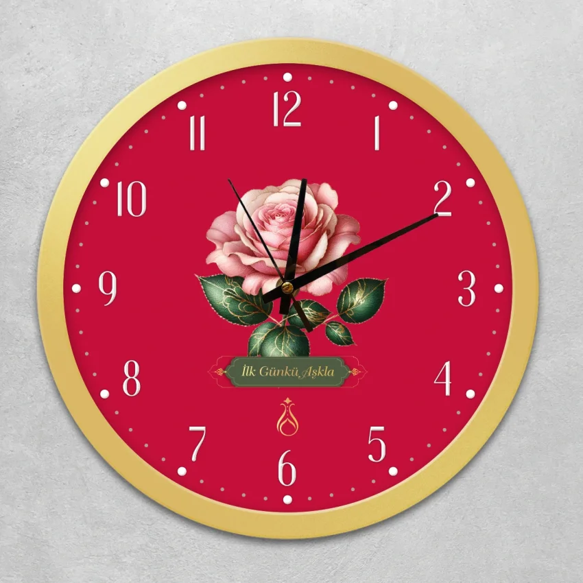 Duvar Saati 35 cm Çap Cam, Akar Saniyeli, Sessiz Mekanizma - Serhendi Logolu - İlk Günkü Aşkla - Pembe Gül Altın Çerçeve M1 - 1