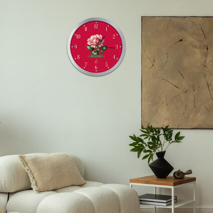 Duvar Saati 30 cm Cam, Akar Saniyeli, Sessiz Mekanizma - Serhendi Logolu - İlk Günkü Aşkla - Pembe Gül Gümüş Çerçeve M1 - 2