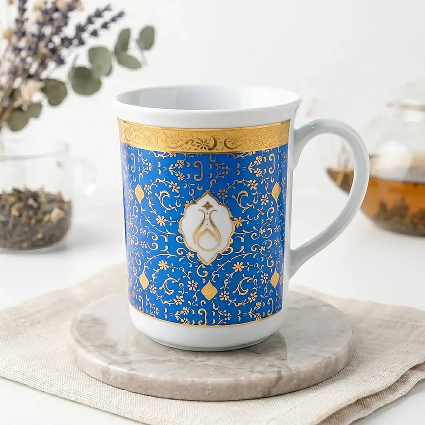 Güral Altın Yaldızlı Mavi Porselen Kupa Bardak - 1