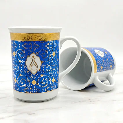 Güral Altın Yaldızlı Mavi Porselen Kupa Bardak (1)