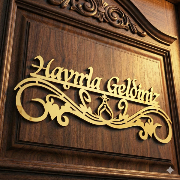 Hayırla Geldiniz ve Hayırla Gidiniz Kapı Süsü - 25x10 Serhendi Logolu, Ahşap Altın Pleksi M9 - 1