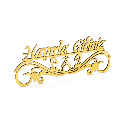 Hayırla Geldiniz ve Hayırla Gidiniz Kapı Süsü - 25x10 Serhendi Logolu, Ahşap Altın Pleksi M9 - 8