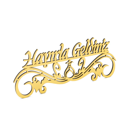 Hayırla Geldiniz ve Hayırla Gidiniz Kapı Süsü - 25x10 Serhendi Logolu, Ahşap Altın Pleksi M9 - 6