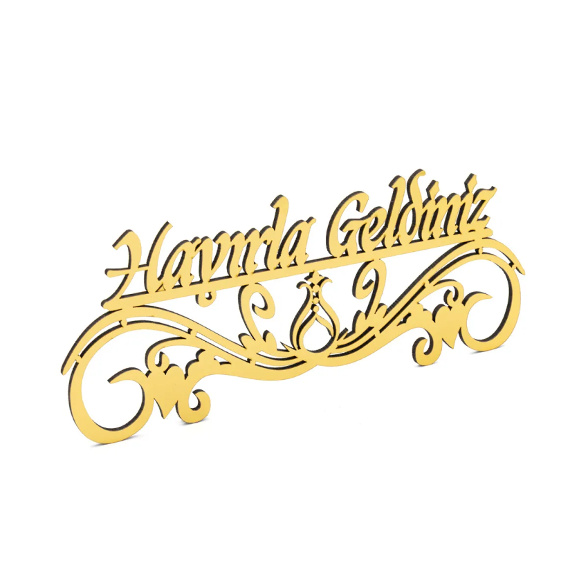 Hayırla Geldiniz ve Hayırla Gidiniz Kapı Süsü - 25x10 Serhendi Logolu, Ahşap Altın Pleksi M9 - 6