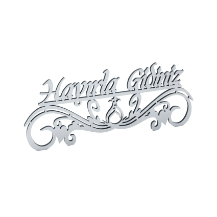 Hayırla Geldiniz ve Hayırla Gidiniz Kapı Süsü - 25x10 Serhendi Logolu, Ahşap Gümüş Pleksi M10 - 4