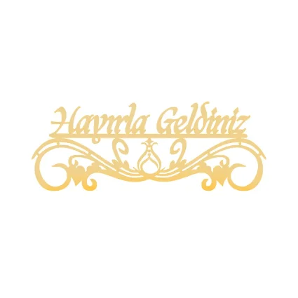 Hayırla Geldiniz ve Hayırla Gidiniz Kapı Süsü - 25x10 Serhendi Logolu, Altın Pleksi Sticker Etiket M11 - 4