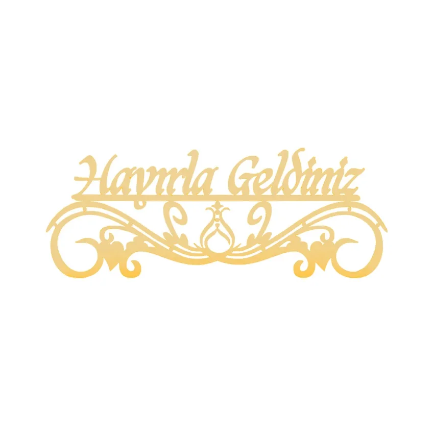 Hayırla Geldiniz ve Hayırla Gidiniz Kapı Süsü - 25x10 Serhendi Logolu, Altın Pleksi Sticker Etiket M11 - 4