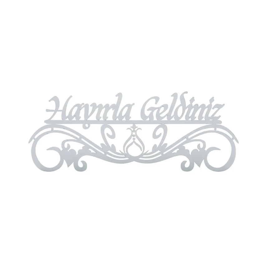 Hayırla Geldiniz ve Hayırla Gidiniz Kapı Süsü - 25x10 Serhendi Logolu, Gümüş Pleksi Sticker Etiket M12 - 3