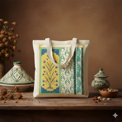 Kanvas Bez Çanta Baskılı Serhendi Logolu Yan Çini Mozaik Desenli 39x43 MZ2 - Serhendi Logolu Ürünler