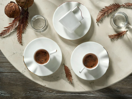 Lüks Kalite Beyaz Porselen 6 Kişilik 12 Parça Kahve Fincan Takımı, Kaffa Özel Koleksiyon Altın Yaldız - 7