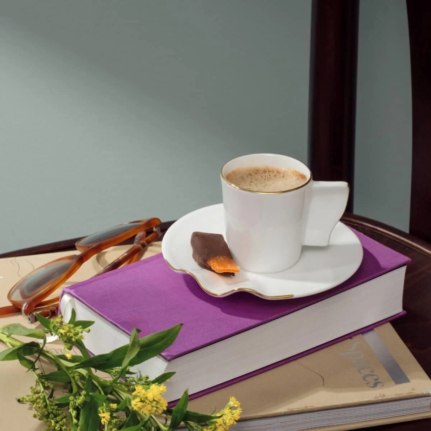 Lüks Kalite Beyaz Porselen 6 Kişilik 12 Parça Kahve Fincan Takımı, Kaffa Özel Koleksiyon Altın Yaldız - 6