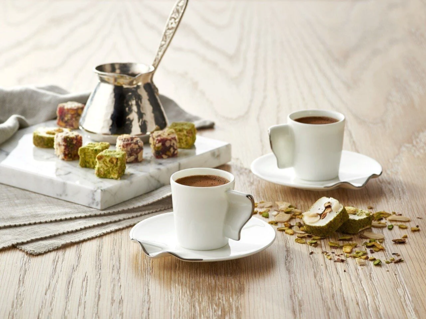 Lüks Kalite Beyaz Porselen 6 Kişilik 12 Parça Kahve Fincan Takımı, Kaffa Özel Koleksiyon Platin Yaldız - 4