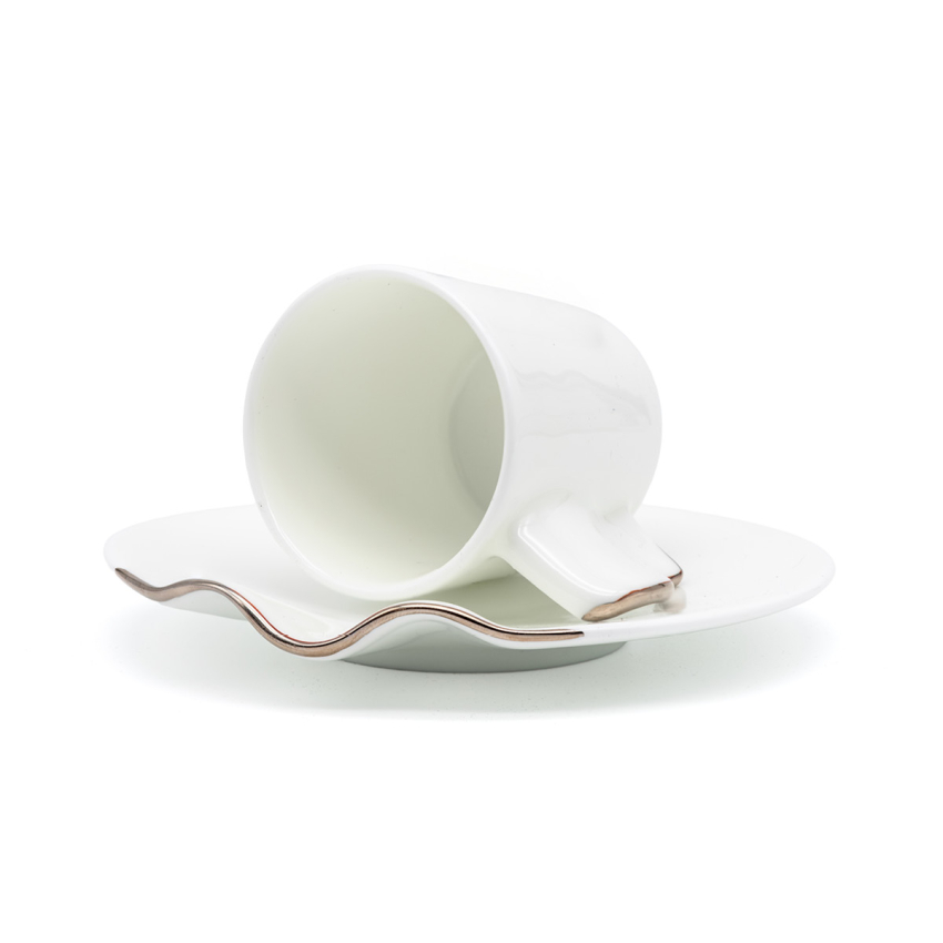 Lüks Kalite Beyaz Porselen 6 Kişilik 12 Parça Kahve Fincan Takımı, Kaffa Özel Koleksiyon Platin Yaldız - 2
