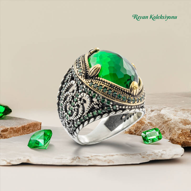 Yeşil Zirkon Taşlı Erkek Gümüş Yüzük - Revan M10 - 1