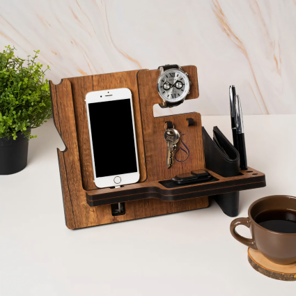 Masaüstü Organizer - Ahşap Masaüstü Düzenleyici & Telefon Standlı Kalemlik, Saat Standı, Cüzdan Bölmeli - Serhendi Logolu - Dikey Model Nida M6 - 1
