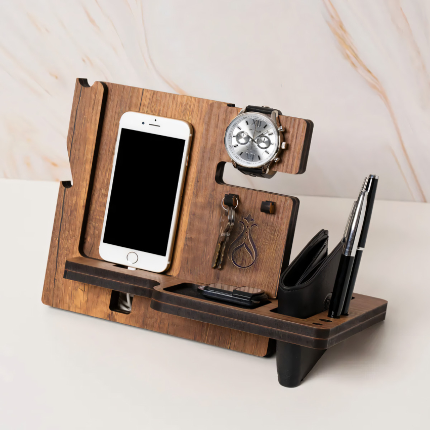 Masaüstü Organizer - Ahşap Masaüstü Düzenleyici & Telefon Standlı Kalemlik, Saat Standı, Cüzdan Bölmeli - Serhendi Logolu - Dikey Model Nida M6 - 2