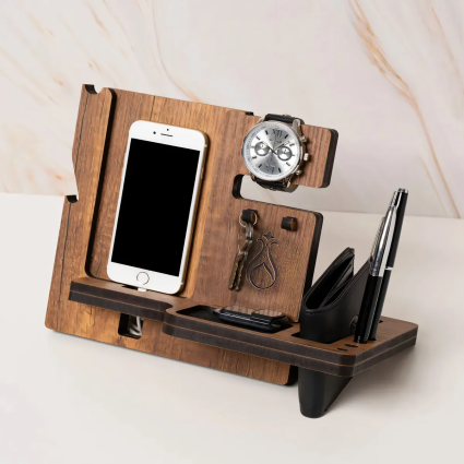 Masaüstü Organizer - Ahşap Masaüstü Düzenleyici & Telefon Standlı Kalemlik, Saat Standı, Cüzdan Bölmeli - Serhendi Logolu - Dikey Model Nida M6 - 3