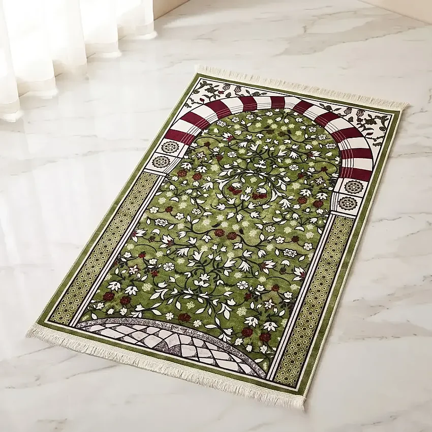 Mescidi Nebevi Ravza Motifli Seccade Dijital Baskı Kaymaz Taban Süngerli 70x120 Yeşil M3 - 1