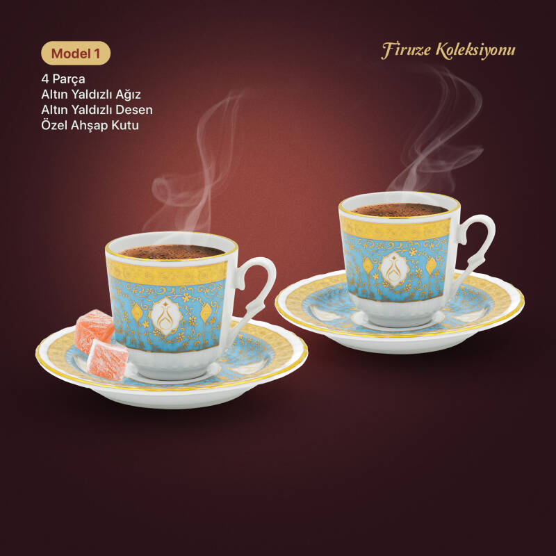 Güral 2 Kişilik 4 Parça Porselen Fincan Takımı - Kadife Kutulu Firuze 4 M1 - 2