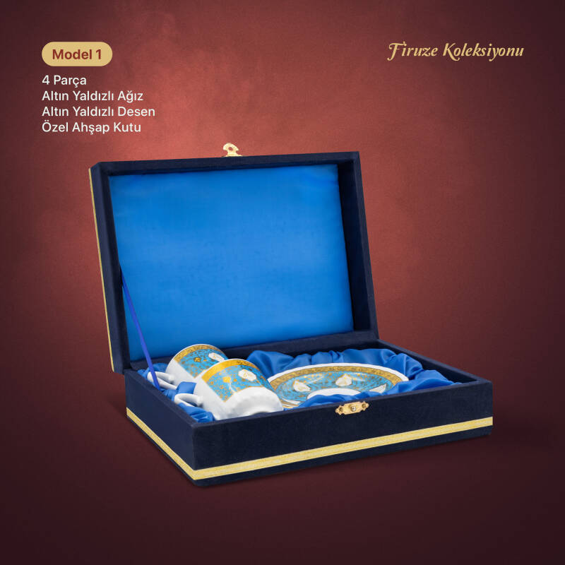 Güral 2 Kişilik 4 Parça Porselen Fincan Takımı - Kadife Kutulu Firuze 4 M1 - 1