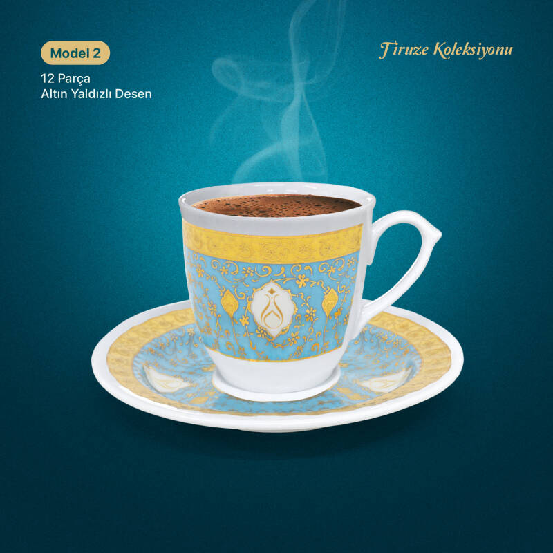 Güral 6 Kişilik 12 Parça Porselen Fincan Takımı - Firuze 12 M2 - 1