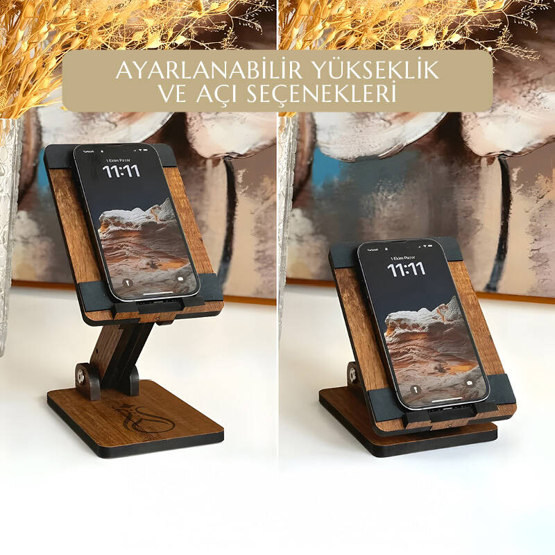 Nida Koleksiyonu Serhendi Logolu Ahşap Eğim ve Yükseklik Ayarlanabilir Telefon Standı 16,5*10 cm - 1