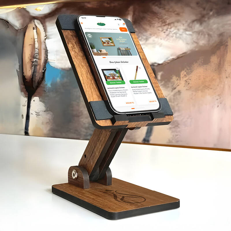 Nida Koleksiyonu Serhendi Logolu Ahşap Eğim ve Yükseklik Ayarlanabilir Telefon Standı 16,5*10 cm - 3