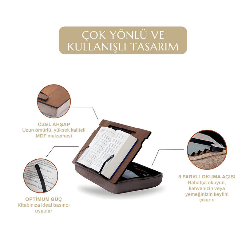 Minderli Ahşap Kitap Okuma Standı Eğim Ayarlanabilir Çizim Okuma Evden Çalışma Minderli Laptop Sehpası - Nida M1 - 2