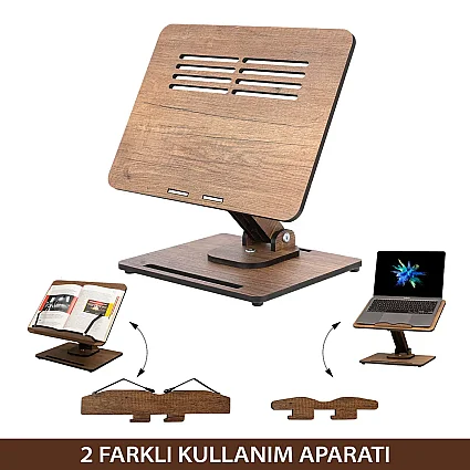 Ahşap Kitap Okuma Standı Yükseklik Ayarlanabilir Katlanabilir 360º Dönebilen Laptop Standı - Serhendi Logolu - Nida M2 (1)