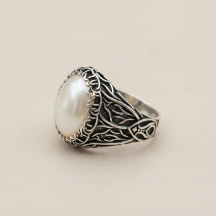 Sedef Taşlı Doğal Taş Erkek Gümüş Yüzük - Mühür M10 - Serhendi Logolu Ürünler