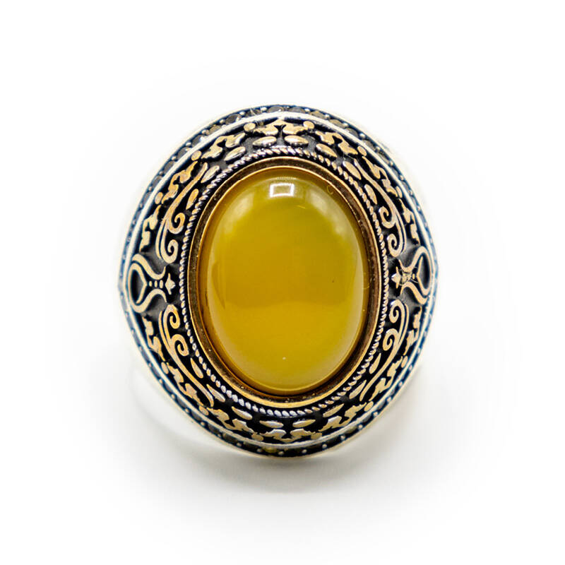 Sarı Zirkon Taşlı Erkek Gümüş Yüzük - Serhendi Logolu - Mühür M2 - 3