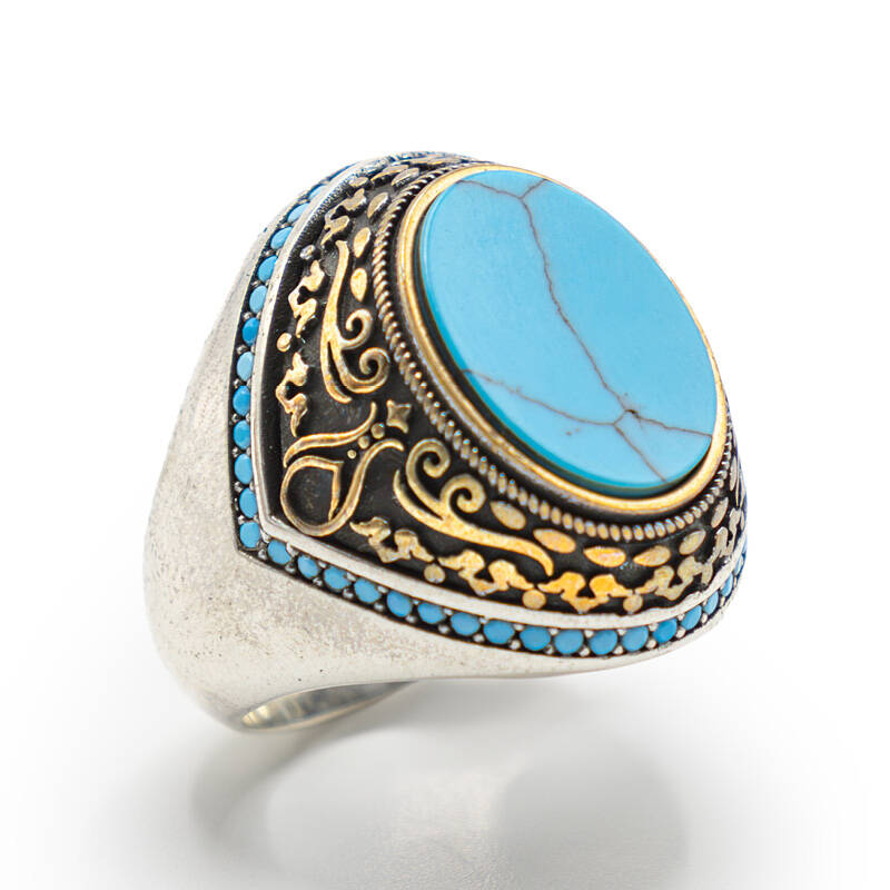 Turkuaz Zirkon Taşlı Erkek Gümüş Yüzük - Serhendi Logolu - Mühür M2 - 1