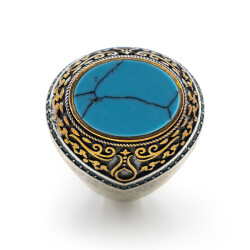 Turkuaz Zirkon Taşlı Erkek Gümüş Yüzük - Serhendi Logolu - Mühür M2 - 2