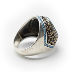 Turkuaz Zirkon Taşlı Erkek Gümüş Yüzük - Serhendi Logolu - Mühür M2 - 4