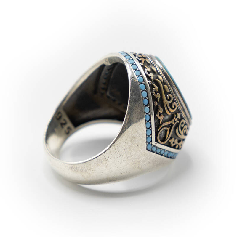 Turkuaz Zirkon Taşlı Erkek Gümüş Yüzük - Serhendi Logolu - Mühür M2 - 4