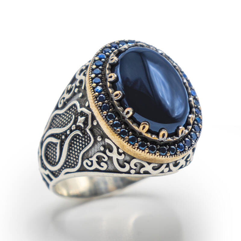 Siyah Zirkon Taşlı Erkek Gümüş Yüzük - Serhendi Logolu - Mühür M1 - 1