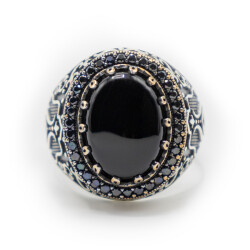 Siyah Zirkon Taşlı Erkek Gümüş Yüzük - Serhendi Logolu - Mühür M1 - 3