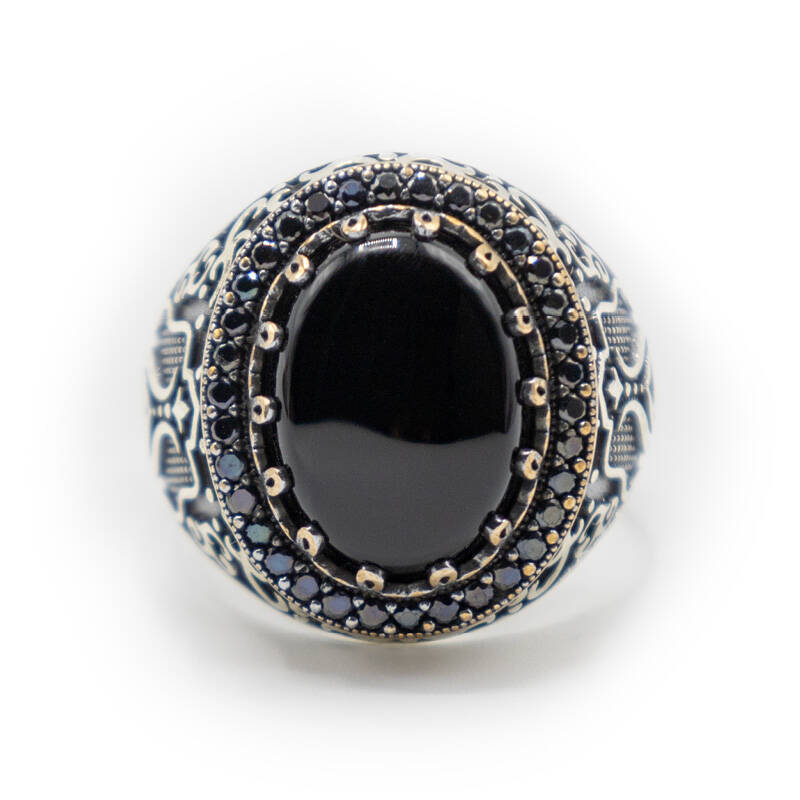 Siyah Zirkon Taşlı Erkek Gümüş Yüzük - Serhendi Logolu - Mühür M1 - 3