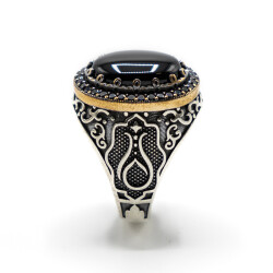 Siyah Zirkon Taşlı Erkek Gümüş Yüzük - Serhendi Logolu - Mühür M1 - 2