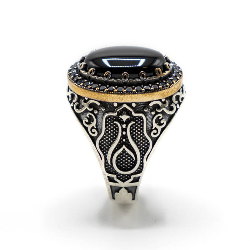 Siyah Zirkon Taşlı Erkek Gümüş Yüzük - Serhendi Logolu - Mühür M1 - 2