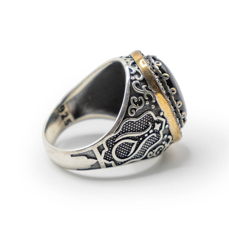 Siyah Zirkon Taşlı Erkek Gümüş Yüzük - Serhendi Logolu - Mühür M1 - 4